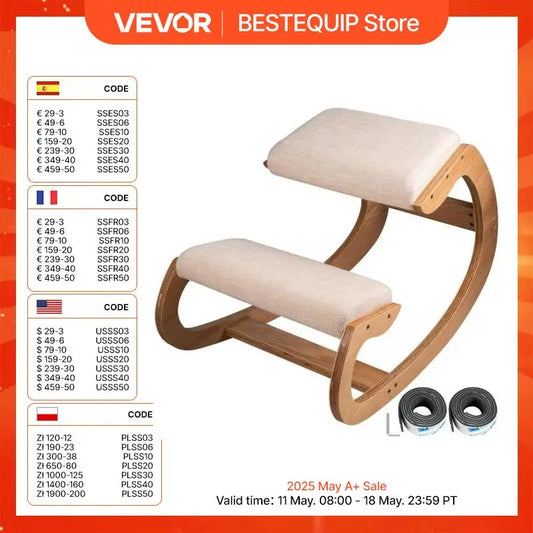 VEVOR Ergonomic Wooden Kneeling Chair — Rocking Stool with Thick Cushion for Correct Posture, Home & Office Use