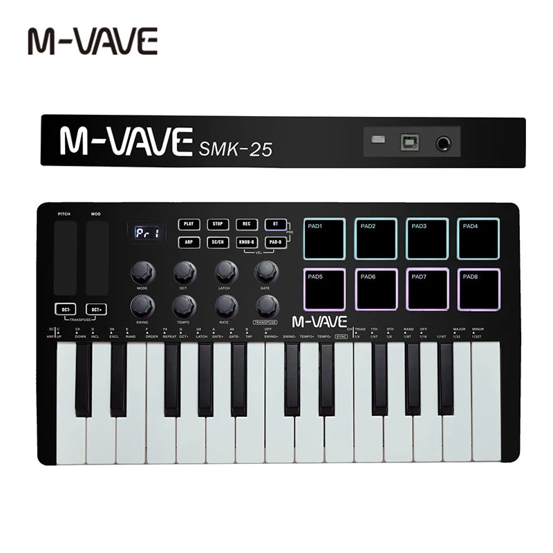 M-VAVE SMK-Ⅱ 25-Key MIDI Keyboard Controller – Bluetooth, 16 RGB Drum Pads, Semi-Weighted Dynamic Keybed