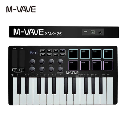 M-VAVE SMK-Ⅱ 25-Key MIDI Keyboard Controller – Bluetooth, 16 RGB Drum Pads, Semi-Weighted Dynamic Keybed