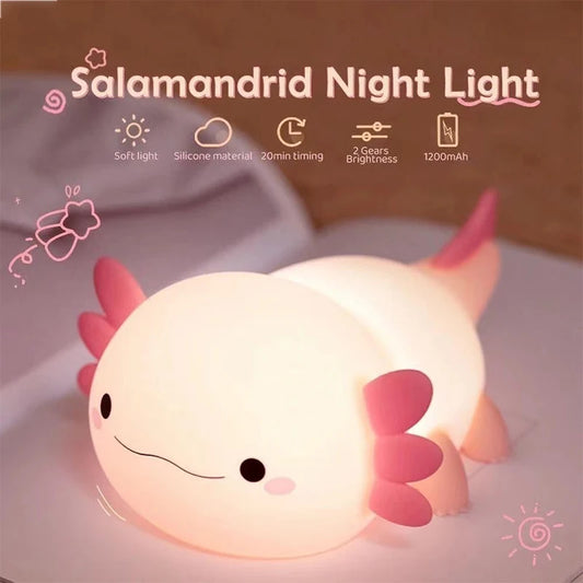 Cute Axolotl Silicone Night Light - Touch Control Nursery Sleeping Lamp | USB Rechargeable Table Lamp for Baby and Child