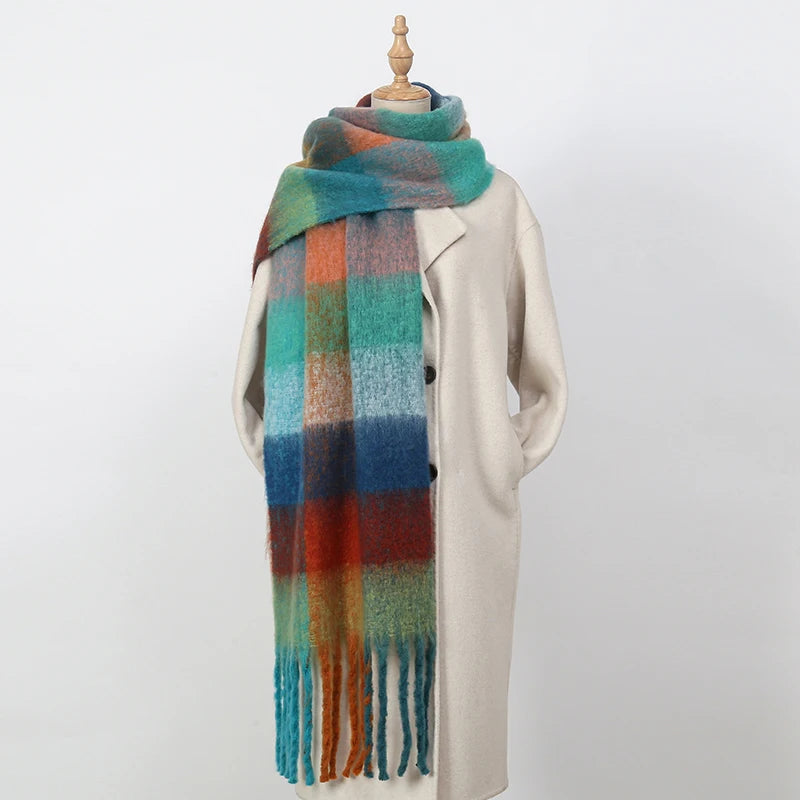 2025 Women's Winter Thick Cashmere Scarf – Warm Pashmina Shawl with Rainbow Tassels & Wraps