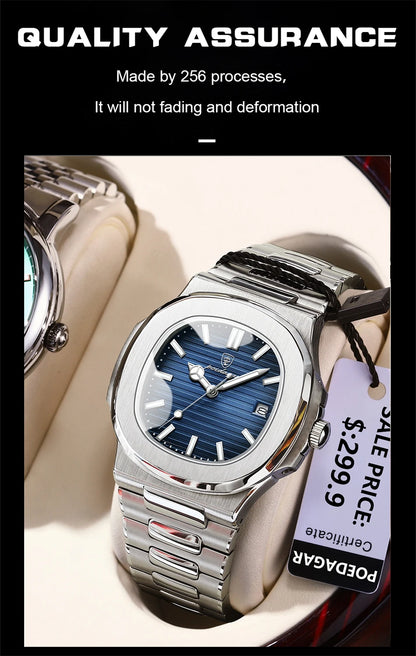 POEDAGAR Luxury Men's Watch – 30ATM Waterproof, Stainless Steel Square Quartz, Luminous Date, Business reloj hombre