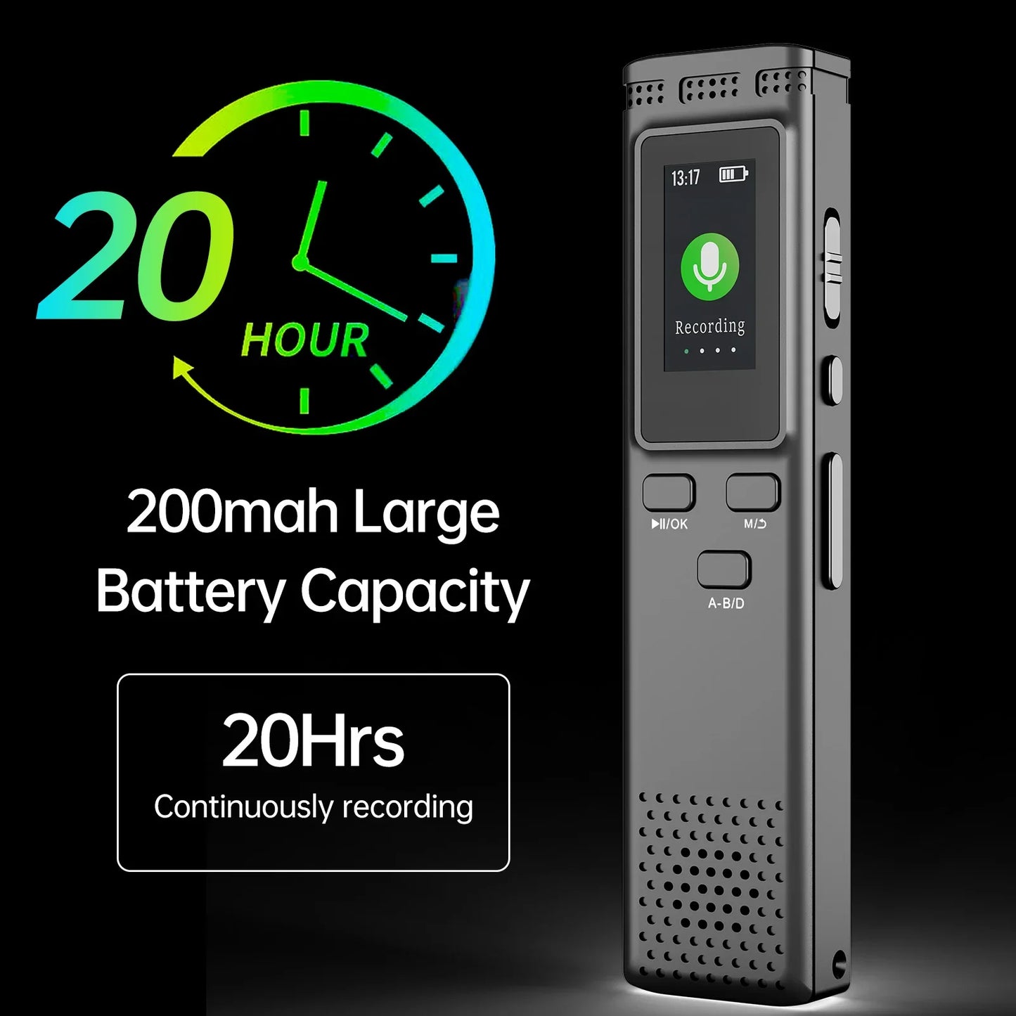 64GB/16GB/8GB Digital Voice Recorder – Voice Activated Audio Recording, Noise Reduction, MP3 Playback, 288hrs Storage