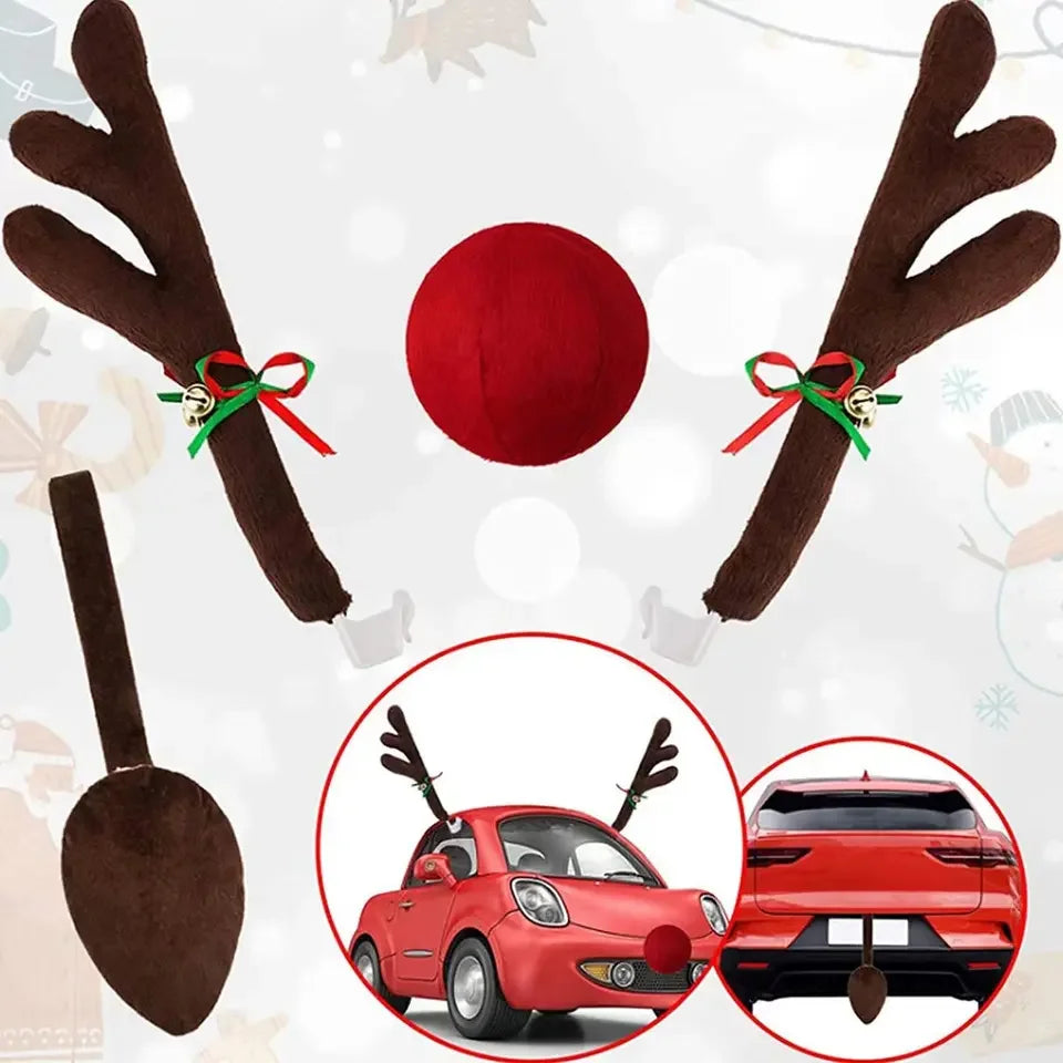 Christmas Car Decoration Kit – Deer Antlers with Red Nose & Tail Holiday Pendant Accessories