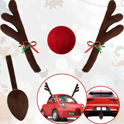 Christmas Car Decoration Kit – Deer Antlers with Red Nose & Tail Holiday Pendant Accessories