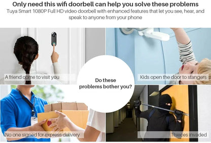 1080P Wireless Video Doorbell — WiFi Smart Doorbell with Tuya, Night Vision, Motion Detection & Two-Way Intercom for Home
