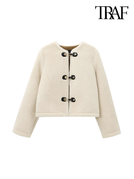 TRAF Women’s Thick Warm Faux Fur Jacket – Long Sleeve Coat with Front Toggle, Chic Fashion Outerwear