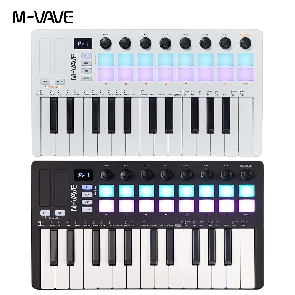 M-VAVE SMK-Ⅱ 25-Key MIDI Keyboard Controller – Bluetooth, 16 RGB Drum Pads, Semi-Weighted Dynamic Keybed