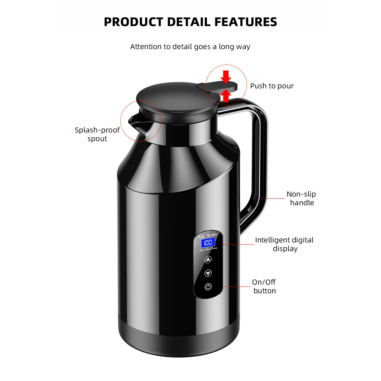 Yangood Portable Car Kettle 1500ML — Large Capacity 304 Stainless Steel Water Heater, 12V/24V for Travel, Tea, and Coffee
