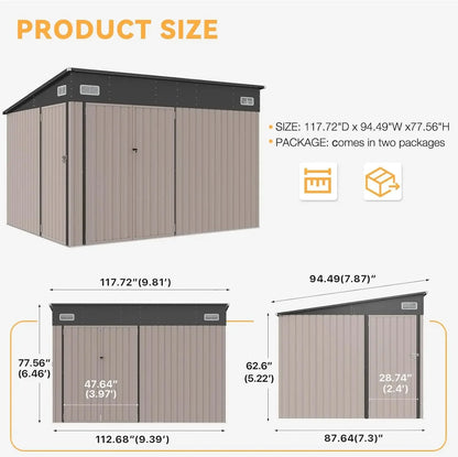11.5'x7.5' Outdoor Metal Storage Shed – Triple Lockable Door with Sloping Roof for Tools & Bicycles