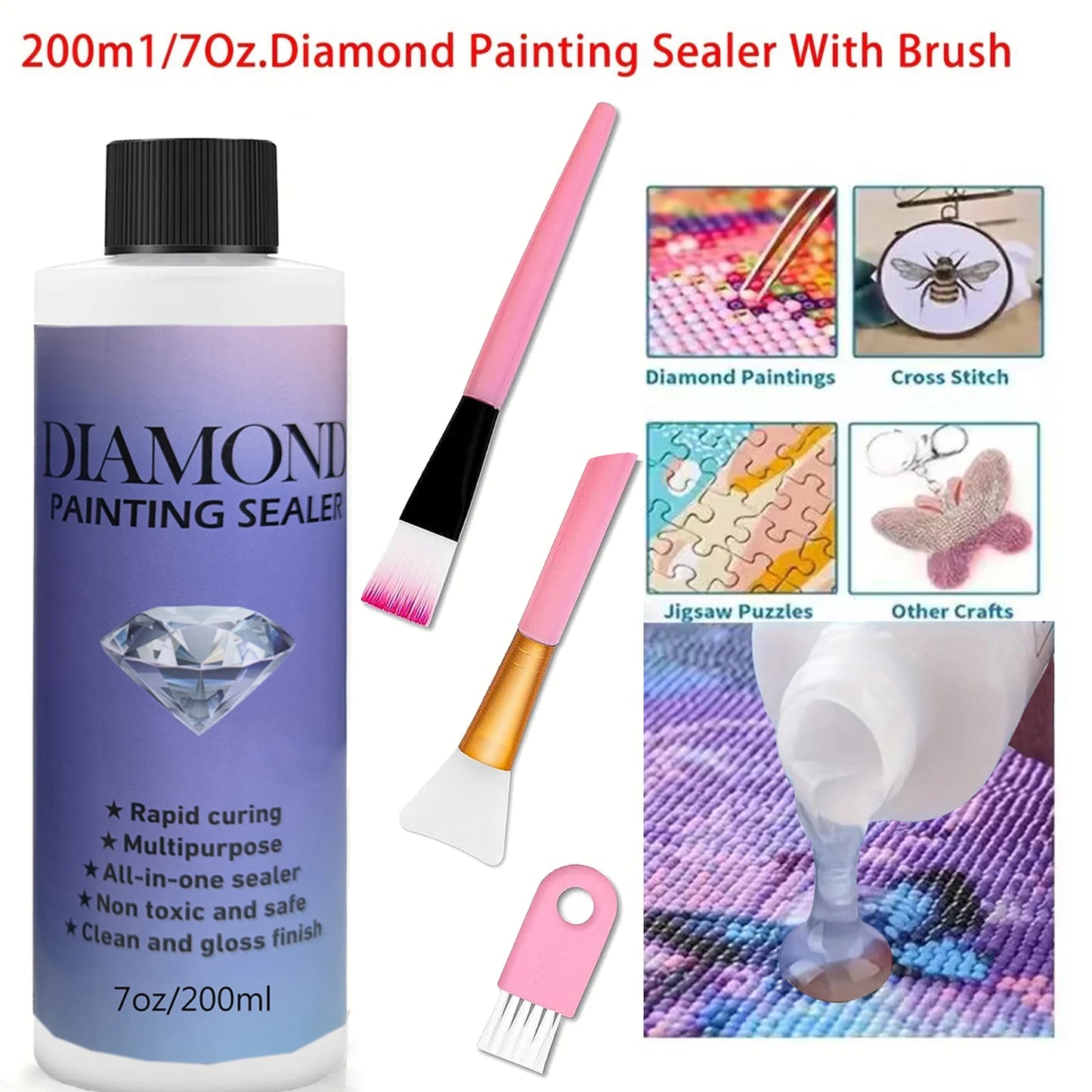 60ML/120ML/200ML Diamond Painting Sealer – Glue with 3 Brushes for Permanent Hold & Shine Effect, Puzzle Art Sealer
