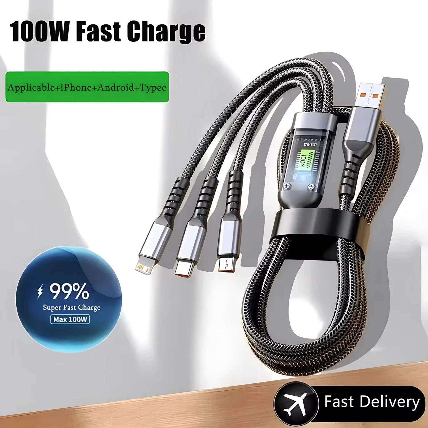 3-in-1 100W 6A Fast Charging Cable — USB to Type-C, Micro, Lightning for iPhone 13–16, Samsung, Xiaomi, Huawei