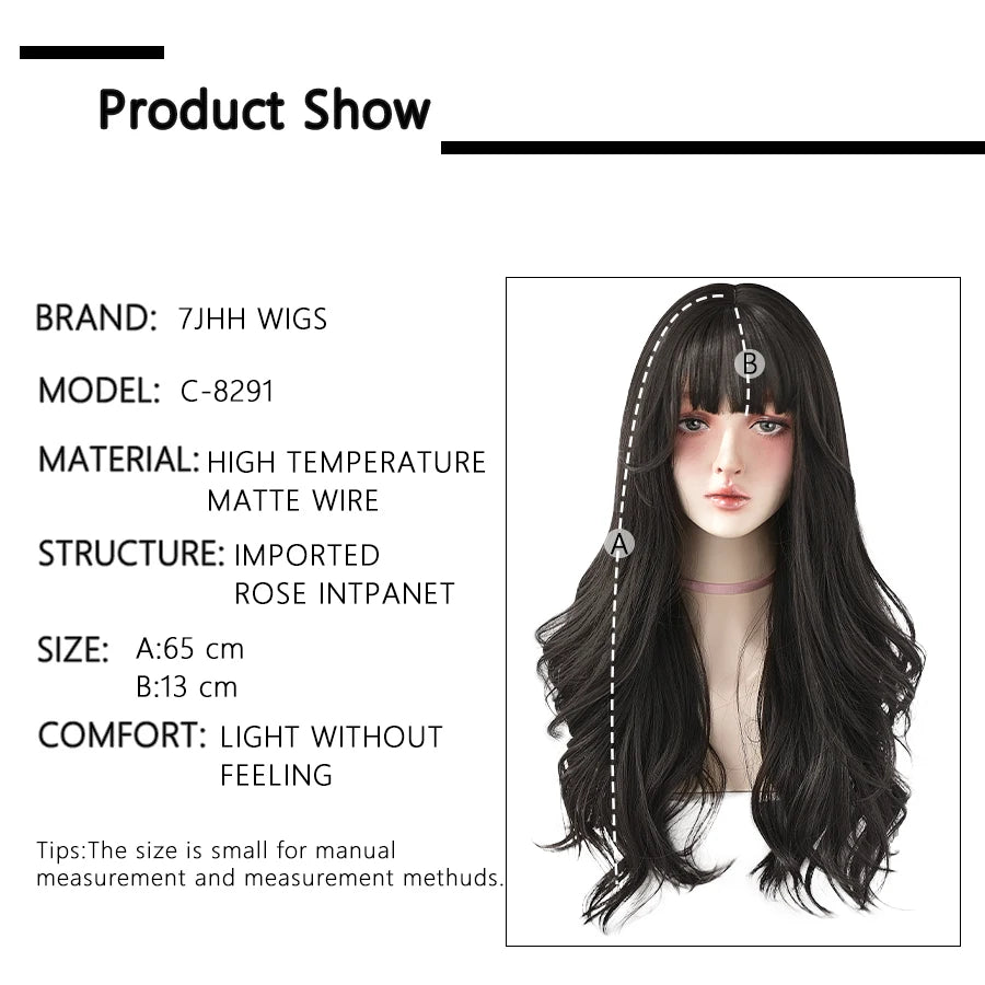7JHH WIGS Popular Brown Ash Long Deep Wave Hair Lolita Wigs: Synthetic Wig with Bangs, Fashionable Thick Curls for Women & Girls