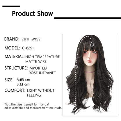 7JHH WIGS Popular Brown Ash Long Deep Wave Hair Lolita Wigs: Synthetic Wig with Bangs, Fashionable Thick Curls for Women & Girls