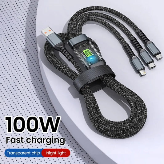 3-in-1 Fast Charging USB to Type-C Micro Charger Cable - 100W, 5A Compatible with iPhone 14, 13, Samsung, Xiaomi, Huawei