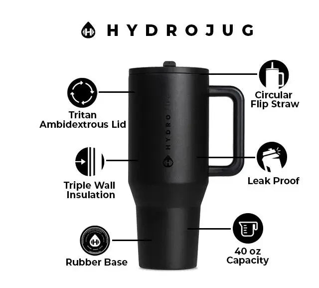 HydroJug 32oz/40oz Traveler Tumbler — Stainless Steel Vacuum Insulated Car Mug with Straw Lid & Double Wall Thermal Iced Design