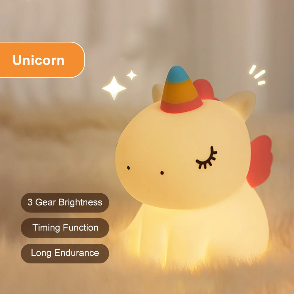 Unicorn Silicone LED Night Light: Cute Cartoon Animal Bedroom Decor - USB Rechargeable Touch Lamp for Kids, Perfect Gift