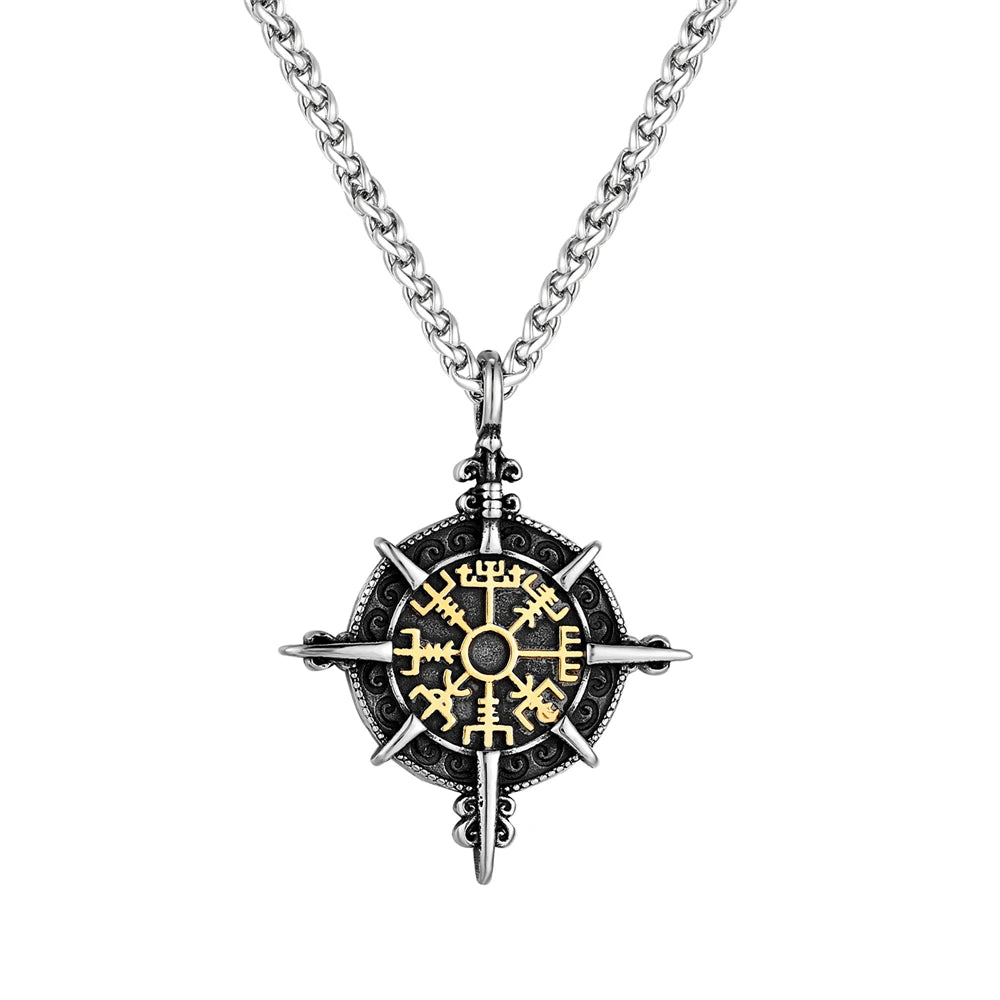 Retro Gold Viking Compass Necklace – Antique Stainless Steel Norse Rune Vegvisir Amulet Pendant for Men