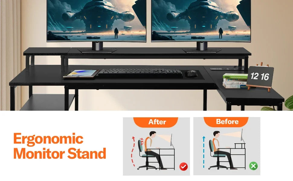 L-Shaped Gaming Desk with LED Lights – Reversible Computer Desk with Power Outlets, Stand & Shelves