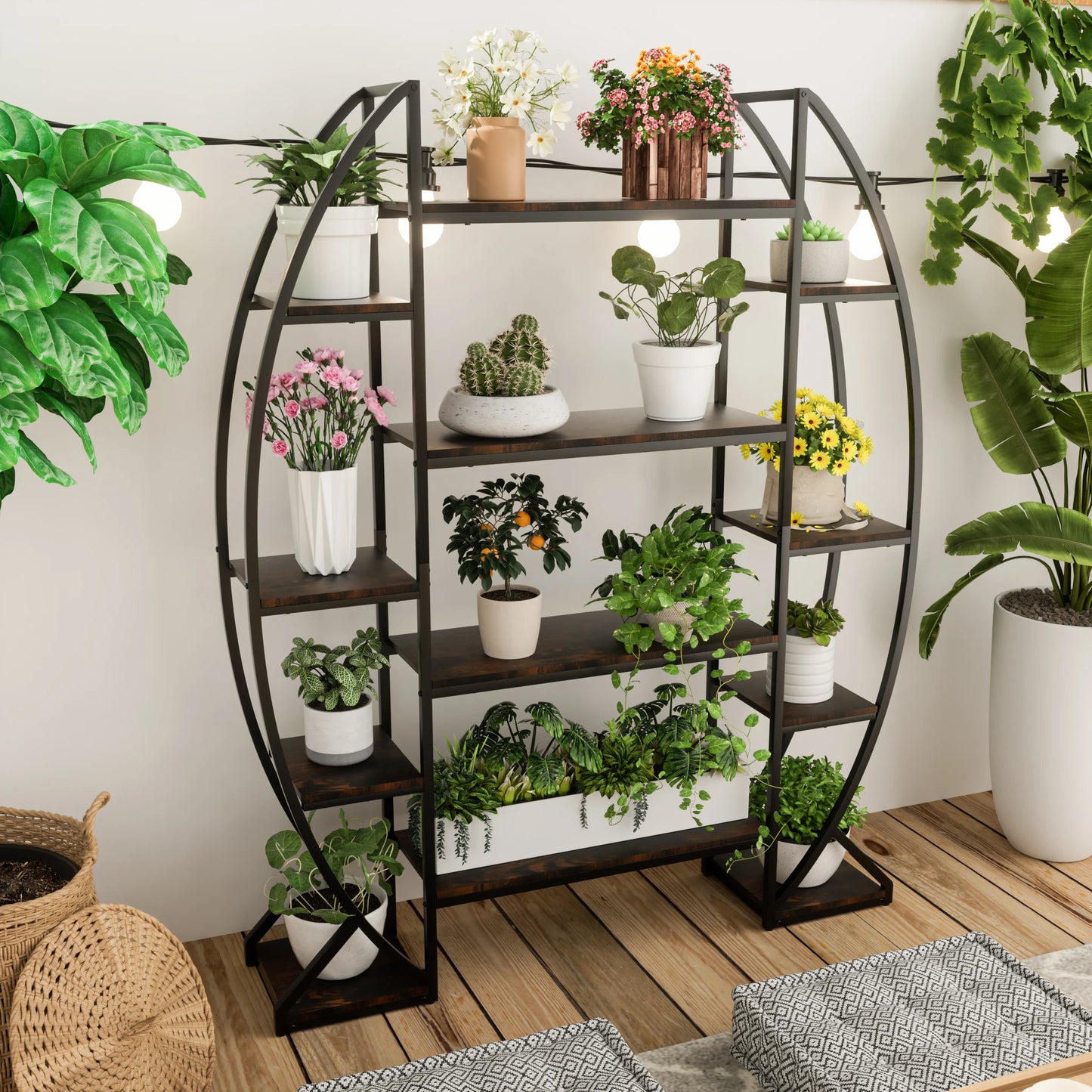 Large 5-Tier Metal and Wood Plant Stand – Flower Display Shelf and Living Room Bookshelf