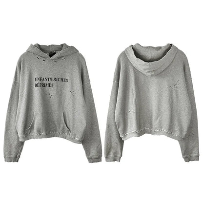 2025SS Ripped E.R.D. Hoodie – Men & Women Slogan Print Short Wide Sweatshirt