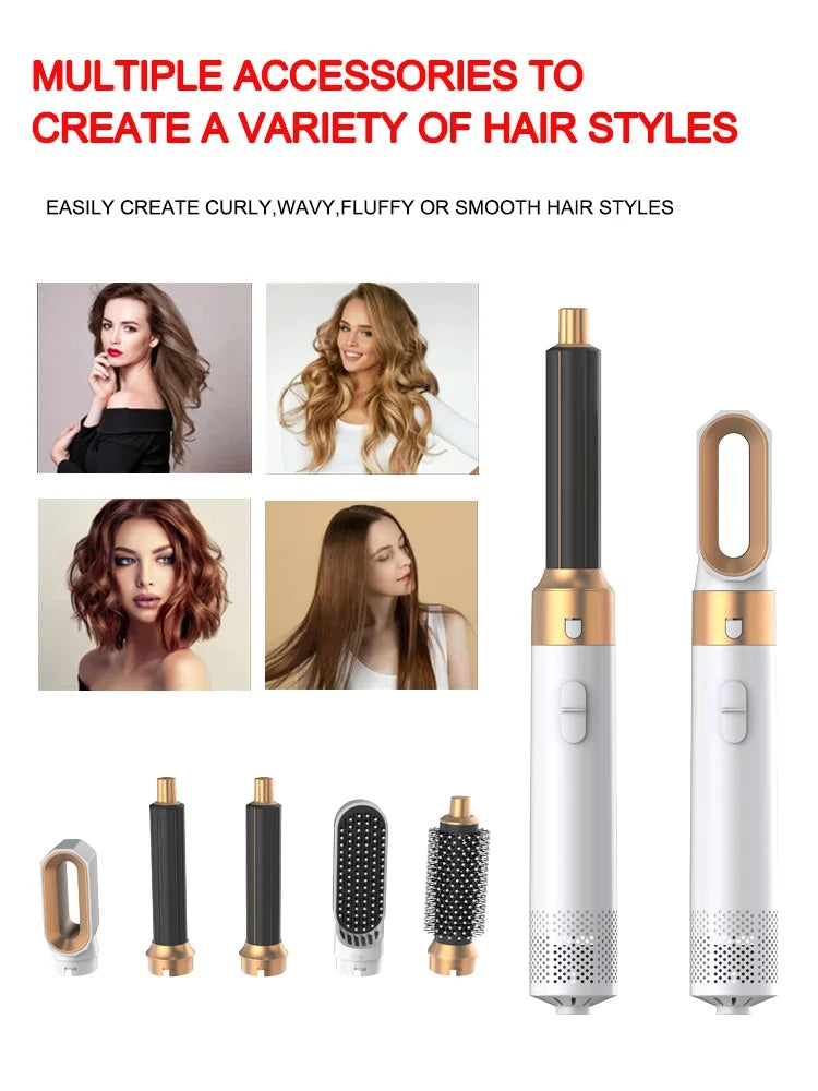 Professional 5-in-1 Air Hair Styler – Low Noise Hair Curling, Straightening & Drying with 1000W Hot Air Brushes