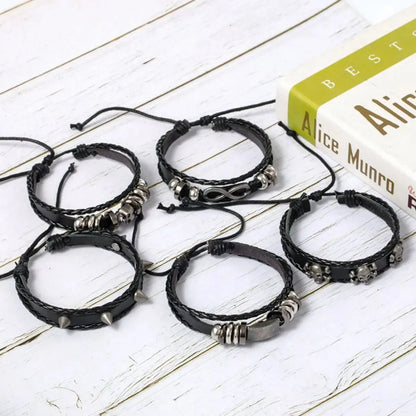 6PCS Black Punk Bracelet Set – Skull & Star Shaped Alloy with PU Leather