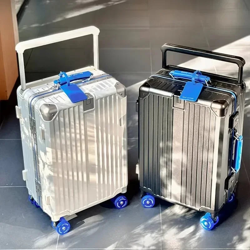 Aluminum Frame Rolling Luggage — Wide Handlebar Trolley Suitcase with Colorful Silent Spinner Wheels, TSA Lock & Large Capacity