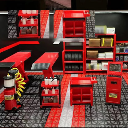 1:18 Car Model Repair Shop Diorama – 9-Piece Modification Parts Set for Collectors & Hobbyists with DIY Tools