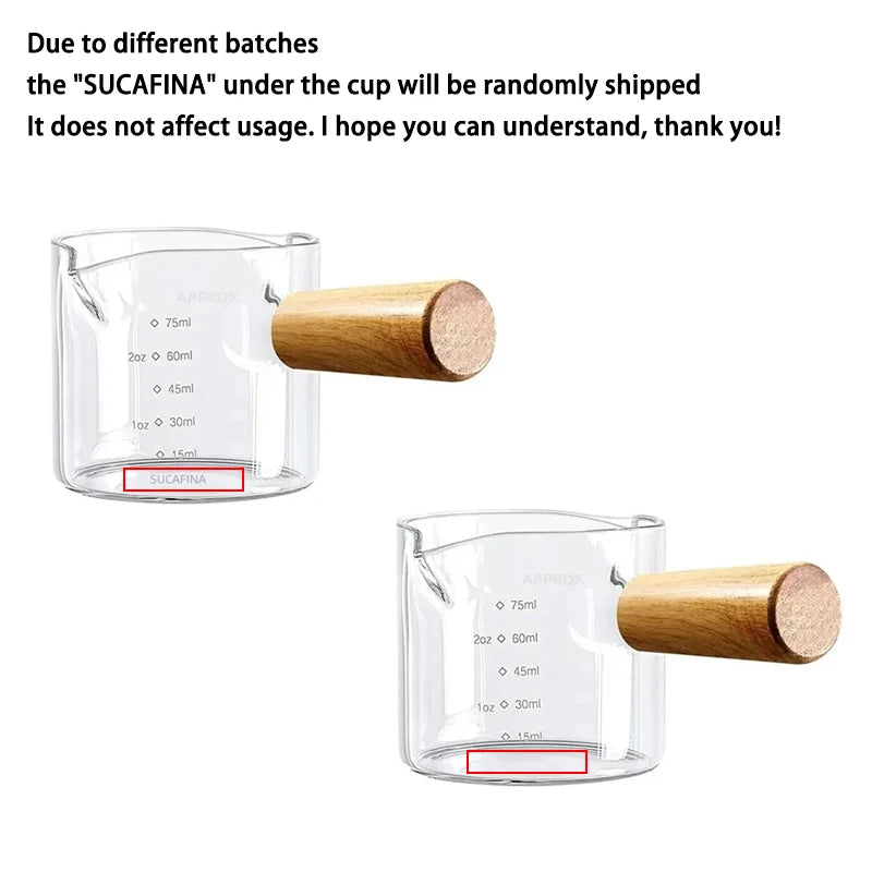 75ML Glass Coffee Measuring Cup with Wooden Handle — Espresso, Milk & Latte Transparent Cup with Scale, Kitchen Coffee Barista Tool