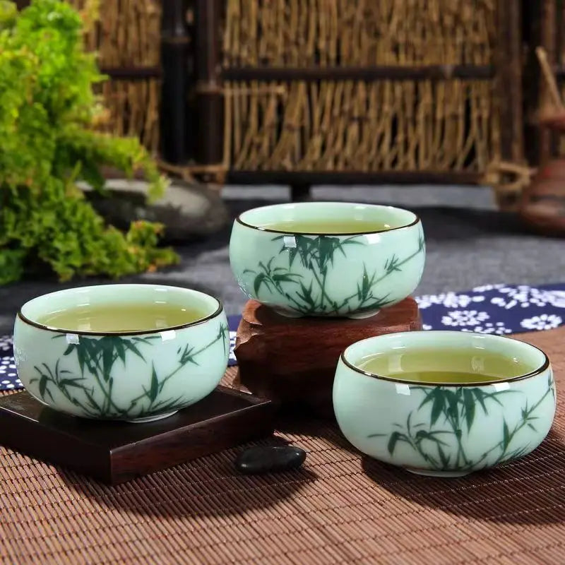 Traditional Celadon Hand-Painted Teacup — 80ml Ceramic Lotus & Bamboo Double-Fish Chinese Tea Cup