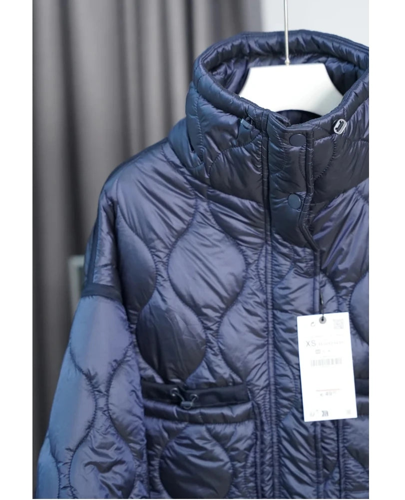 2024 ETJ Quilted Women's Coat – Beige Drawstring High Neck Jacket with Ties & Pockets