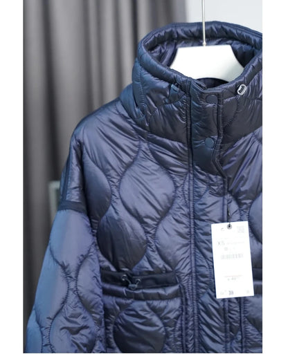 2024 ETJ Quilted Women's Coat – Beige Drawstring High Neck Jacket with Ties & Pockets