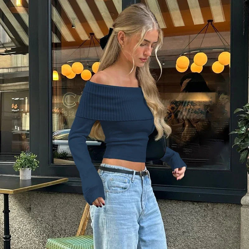 WhereMery Elegant Slash-Neck Ribbed Crop Top – Y2K Off-Shoulder Long Sleeve Camisole, Autumn Skinny French Style T-Shirt
