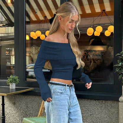 WhereMery Elegant Slash-Neck Ribbed Crop Top – Y2K Off-Shoulder Long Sleeve Camisole, Autumn Skinny French Style T-Shirt