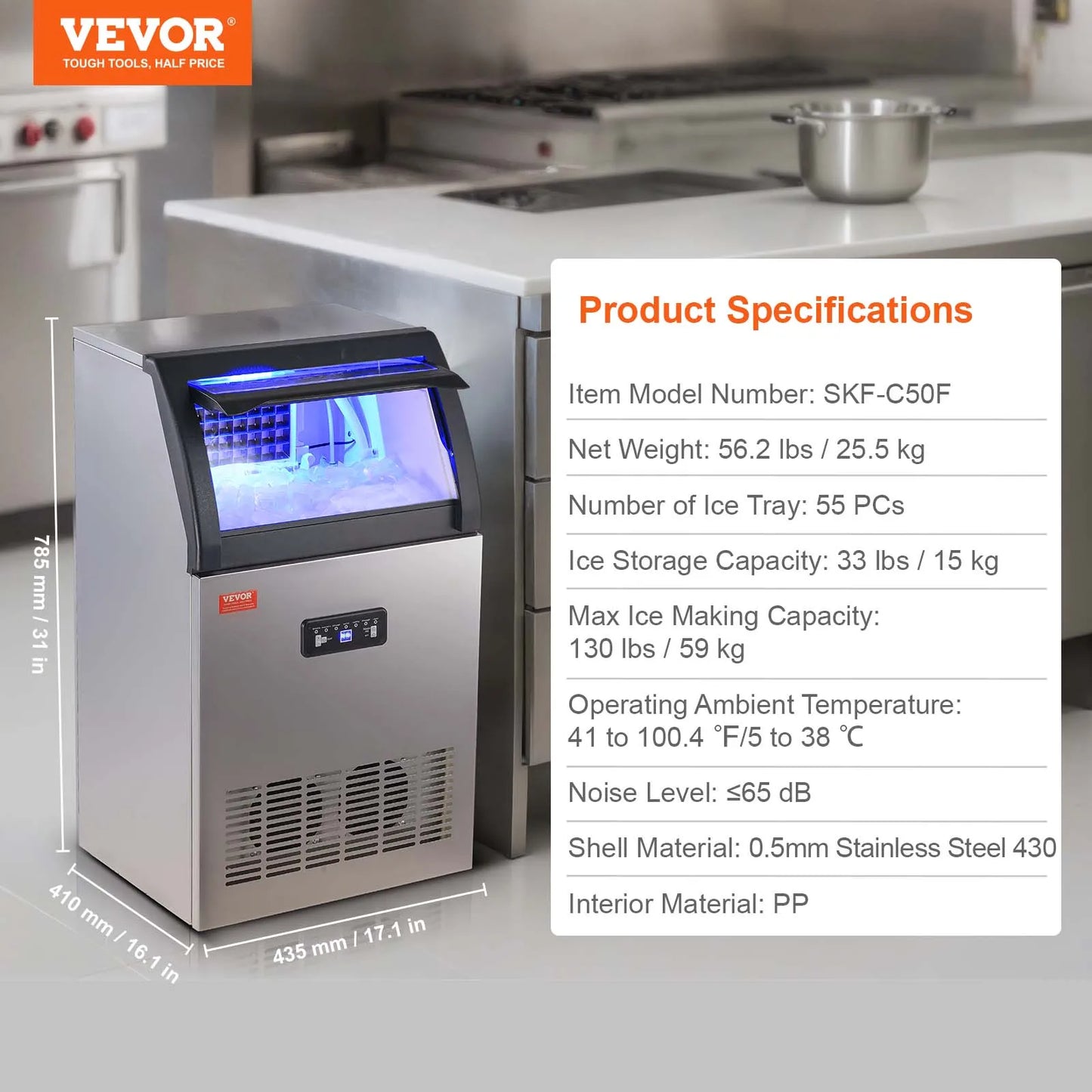 VEVOR Commercial Ice Maker – 100LB/24H, 45 Ice Cubes in 12-15 Mins, Freestanding with LED Display