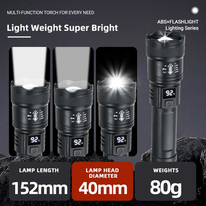 9900LM Powerful LED Flashlight – USB Rechargeable with Battery Display, Telescopic Zoom Torch for Outdoor Camping and Fishing