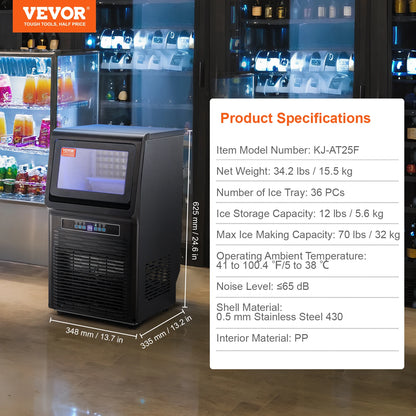 VEVOR Commercial Ice Maker – 100LB/24H, 45 Ice Cubes in 12-15 Mins, Freestanding with LED Display