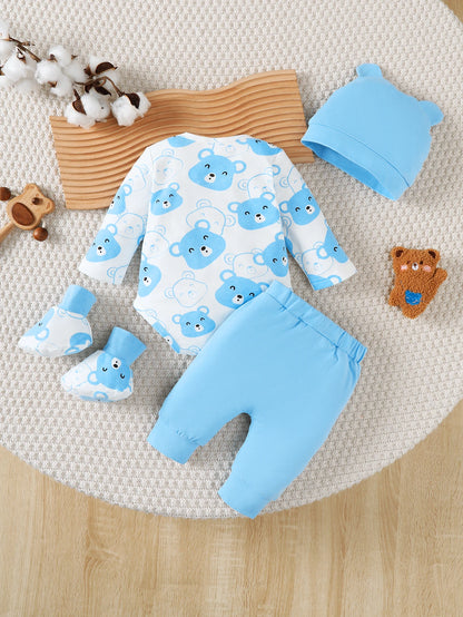 0-9 Months Baby Boy Set – Little Bear Long Sleeve Bodysuit, Pants, Hat & Socks for Spring & Autumn Newborns