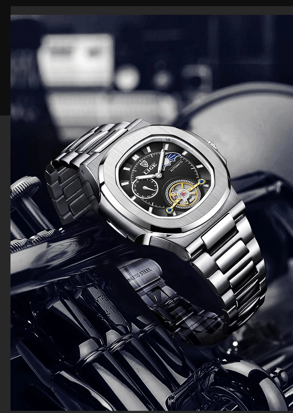 LIGE Dual Seconds Tourbillon Watch – Men's Stainless Steel Mechanical Timepiece, 24H, Night Glow, Waterproof