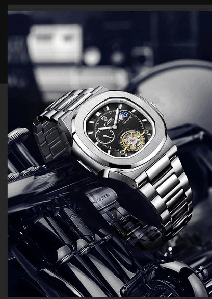 LIGE Dual Seconds Tourbillon Watch – Men's Stainless Steel Mechanical Timepiece, 24H, Night Glow, Waterproof