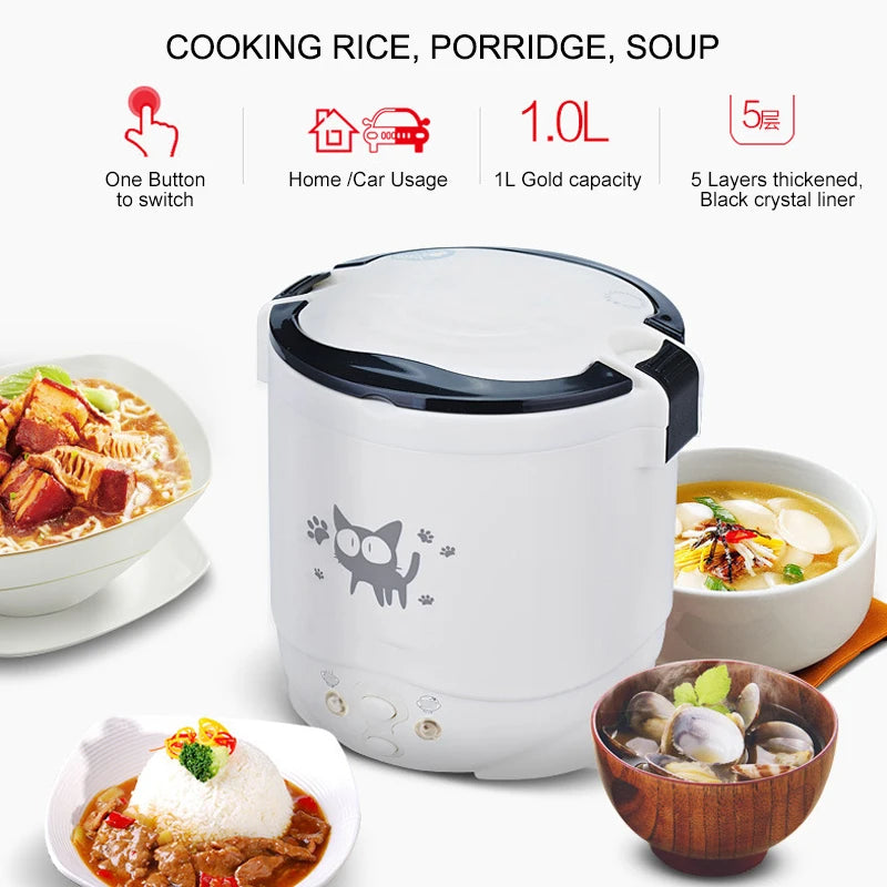 Electric Mini Rice Cooker, Portable Multi-Cooker for Car & Home, 12V/24V/220V, Cooking Pot for Truck & Household Use