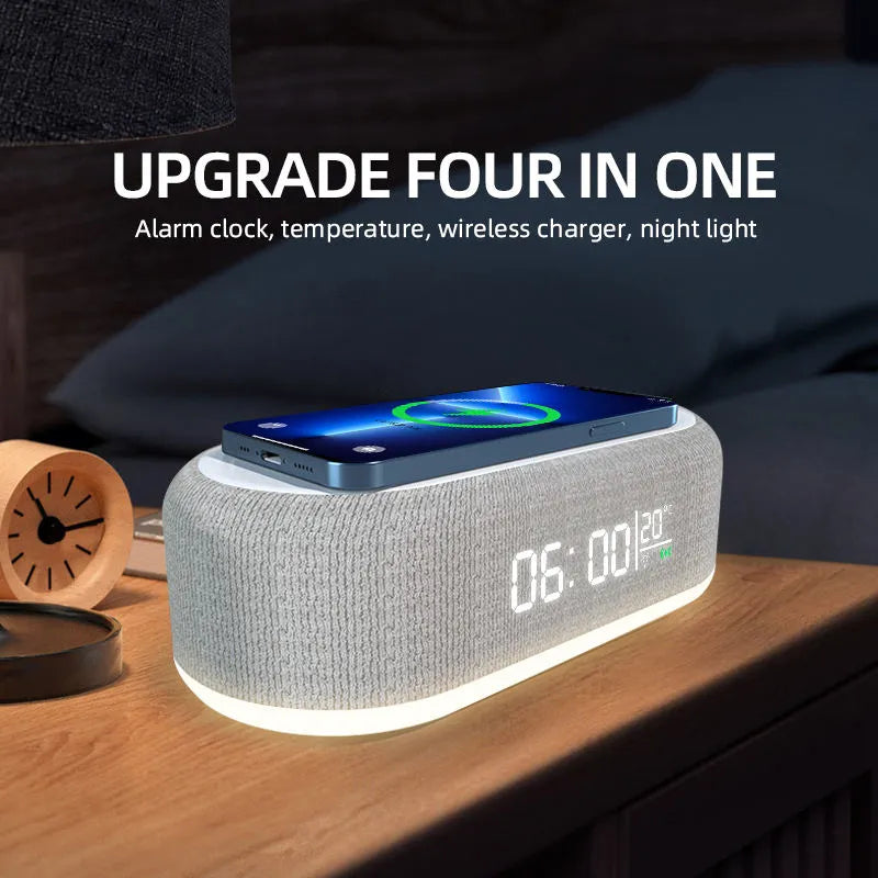 Wireless Charger Alarm Clock with LED Time Display, Thermometer, and 15W Fast Charging Dock Station - Compatible with iPhone & Samsung