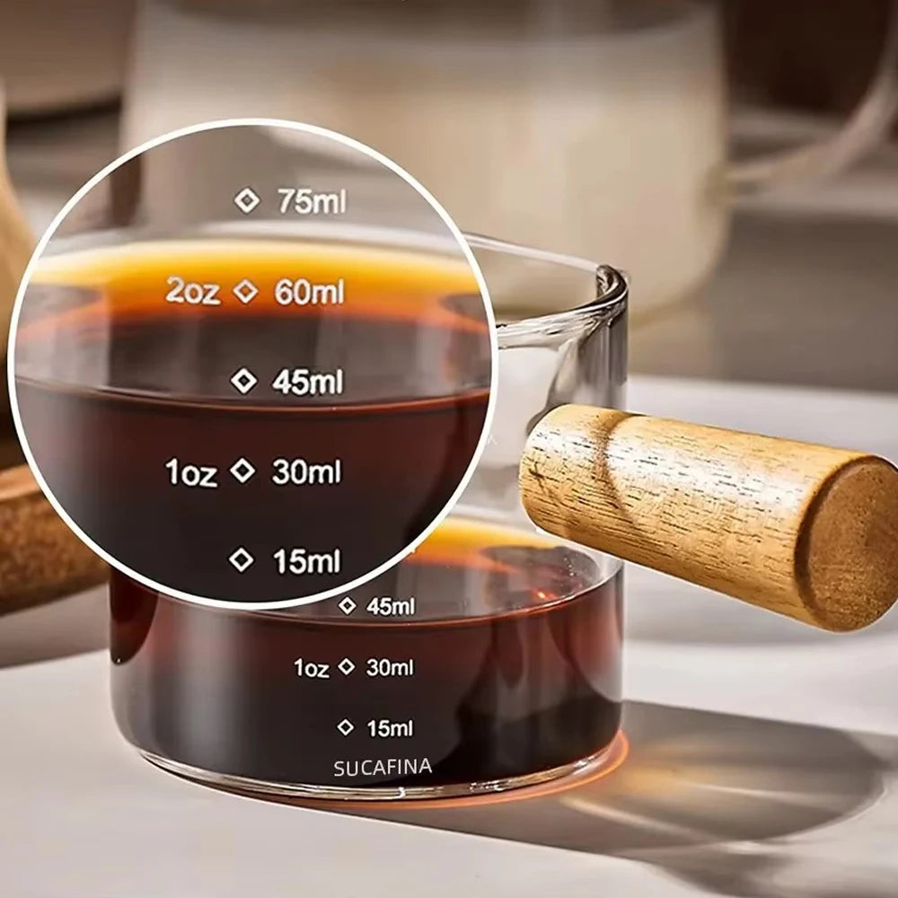75ML Glass Coffee Measuring Cup with Wooden Handle — Espresso, Milk & Latte Transparent Cup with Scale, Kitchen Coffee Barista Tool