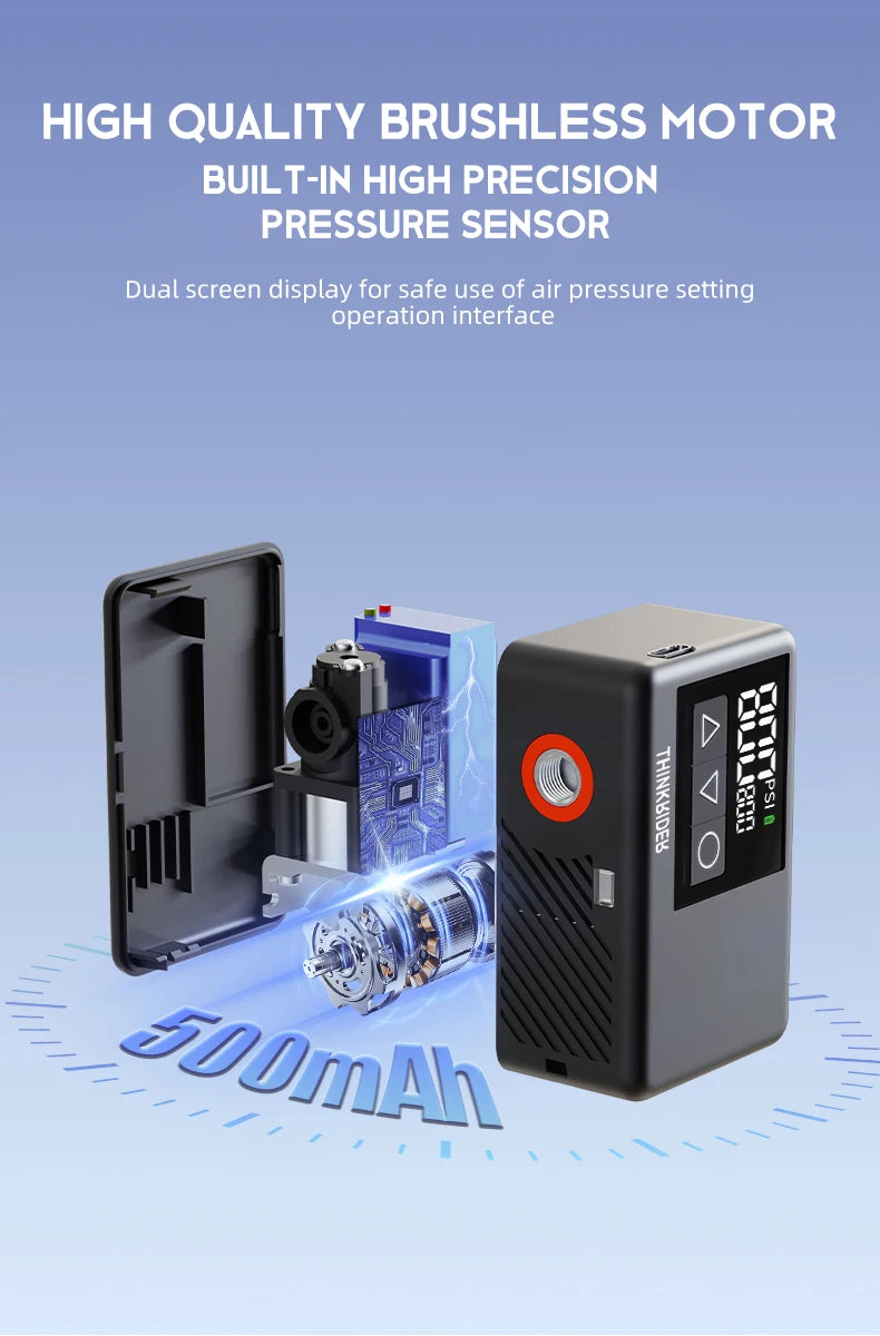 ThinkRider 120 PSI Mini Electric Bike Pump – Portable Tire Inflator with Digital Gauge Display