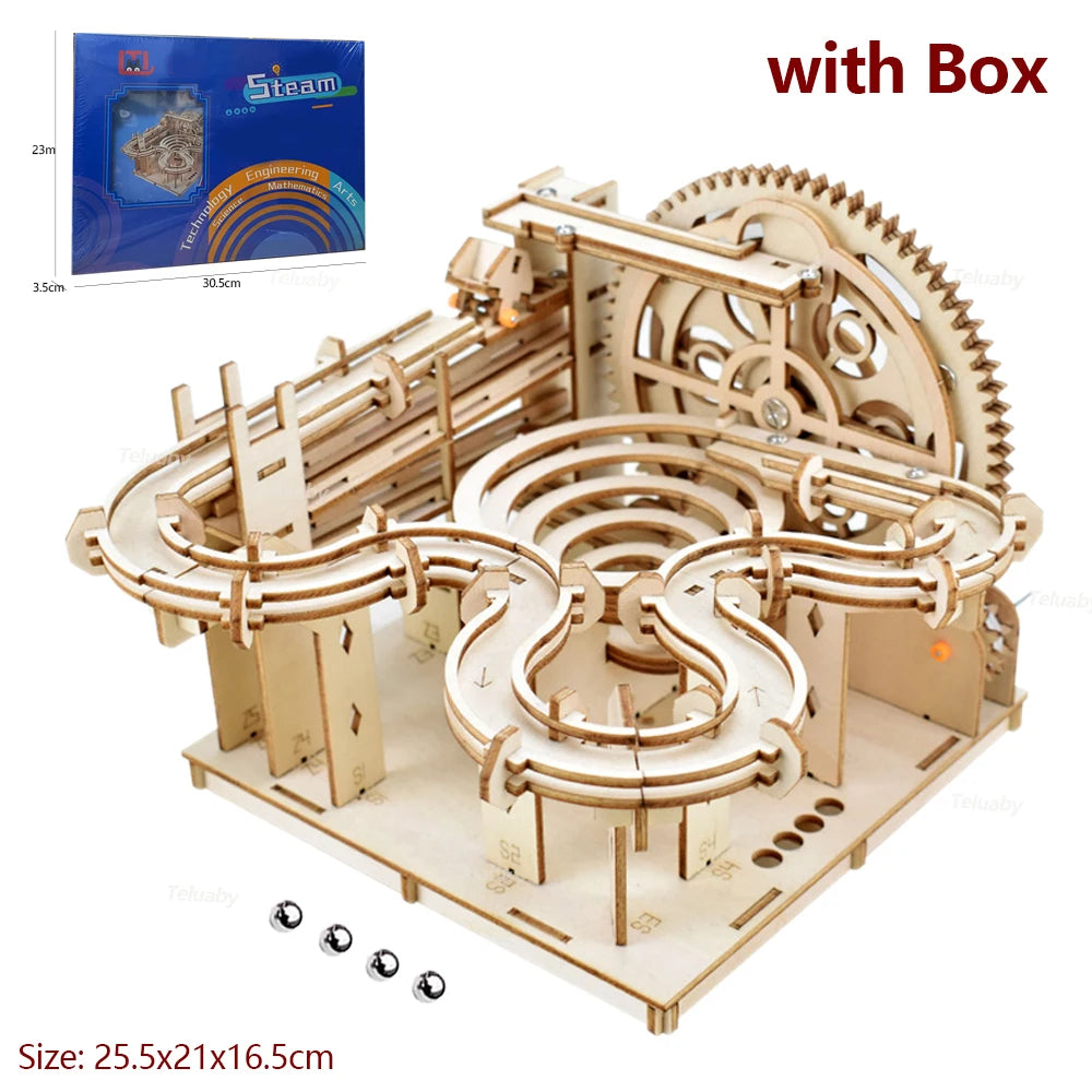 3D Wooden Puzzle DIY Mechanical Model Kit – Marble Run Set with 4 Balls, Assemble Toys for Adults & Kids, Unique Gifts