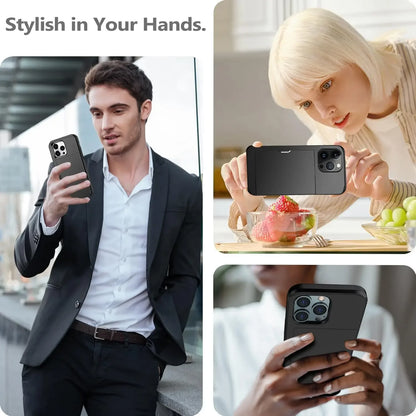 iPhone Case for 16 Pro Max, 15 Plus, 14 Pro Max, 13, 12, 11 – Slim Hard PC Wallet Card Holder with Slide Slot, Heavy Duty Protective Cover