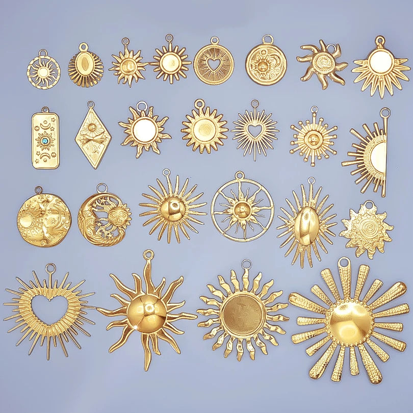 6pcs Real Gold-Plated Sun Charms - Stainless Steel Jewelry Making Pendants, Heart, Moon & Sunshine Design