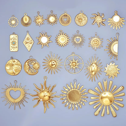 6pcs Real Gold-Plated Sun Charms - Stainless Steel Jewelry Making Pendants, Heart, Moon & Sunshine Design