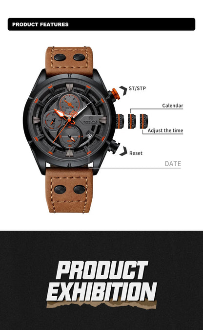 NAVIFORCE Men's Casual Watch – Luxury Waterproof Chronograph Quartz Wristwatch with Genuine Leather Strap